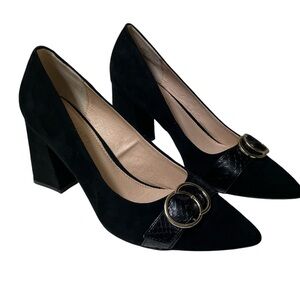 Michael Michael Shannon Black Suede Point Toe Gold Embellished Block Heels 7.5